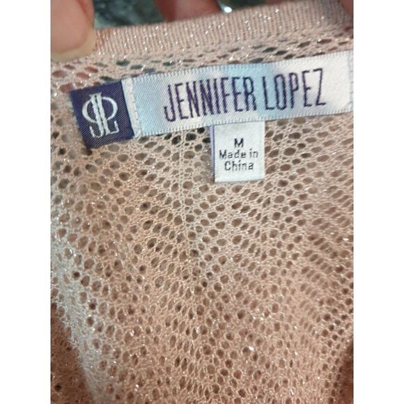 Women's V-Neck Sweater M Open Knit Pink Glitter Draped Short Sleeve Top - Picture 8 of 9